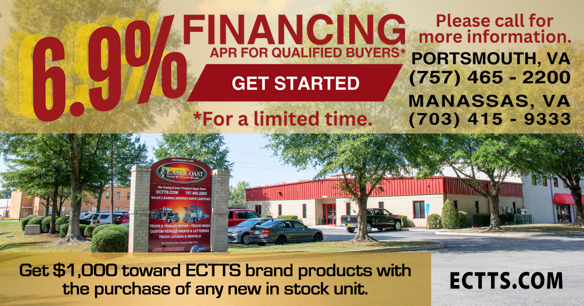 East Coast Truck and Trailer Sales location photo with 6.9% APR and $1000 credit sale graphics